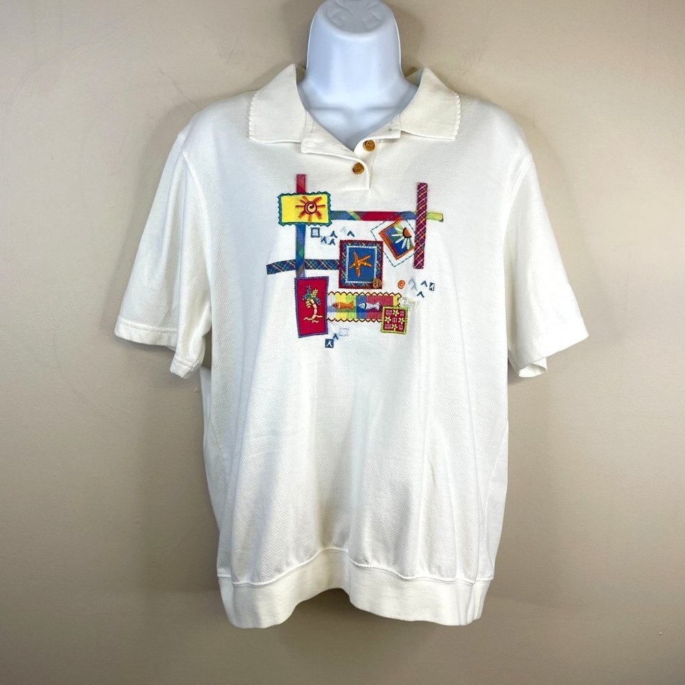 Vintage Pullover Grandma BEACH Top L White EMBROIDERED BEADED Short Sleeveβ